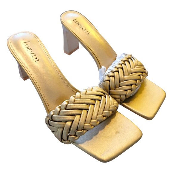Gold Heeled Slides Dressy Sandals Square Toe Braided by Loesan Size 42 JJ3321 - Picture 6 of 9